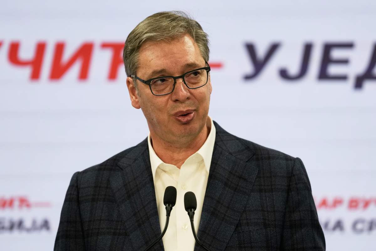 Aleksandar Vucic, leader of the right-wing Serbian Progressive Party (SNS) speaks at the party headquarters, conceding defeat in the parliamentary election in Belgrade, Serbia, Sunday, Oct. 25, 2026. 