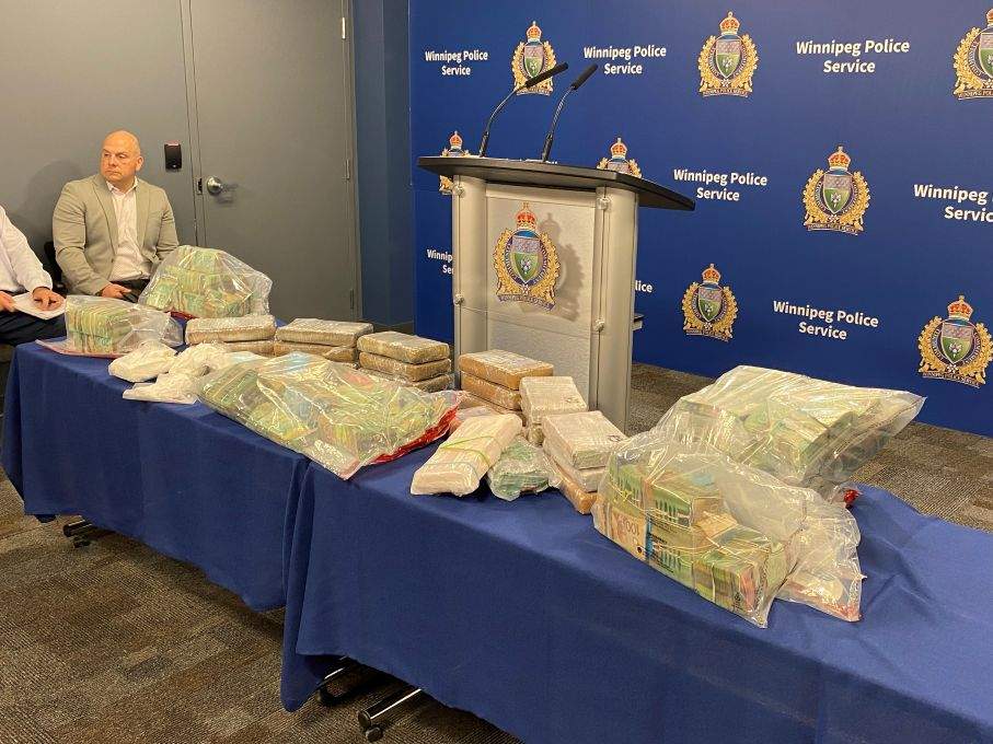An array of items were seized from the Southglen home by Winnipeg police. WPS displayed the goods for reporters at a news conference Tuesday.