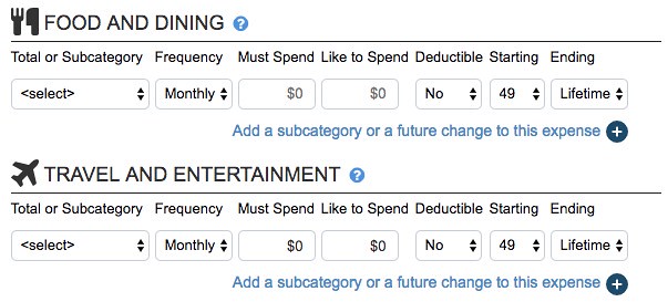 NewRetirement budgeter detail