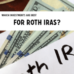 Envelope labeled Roth IRA with $100 bills and eyeglasses, text asks which roth IRA mutual funds are best to choose.