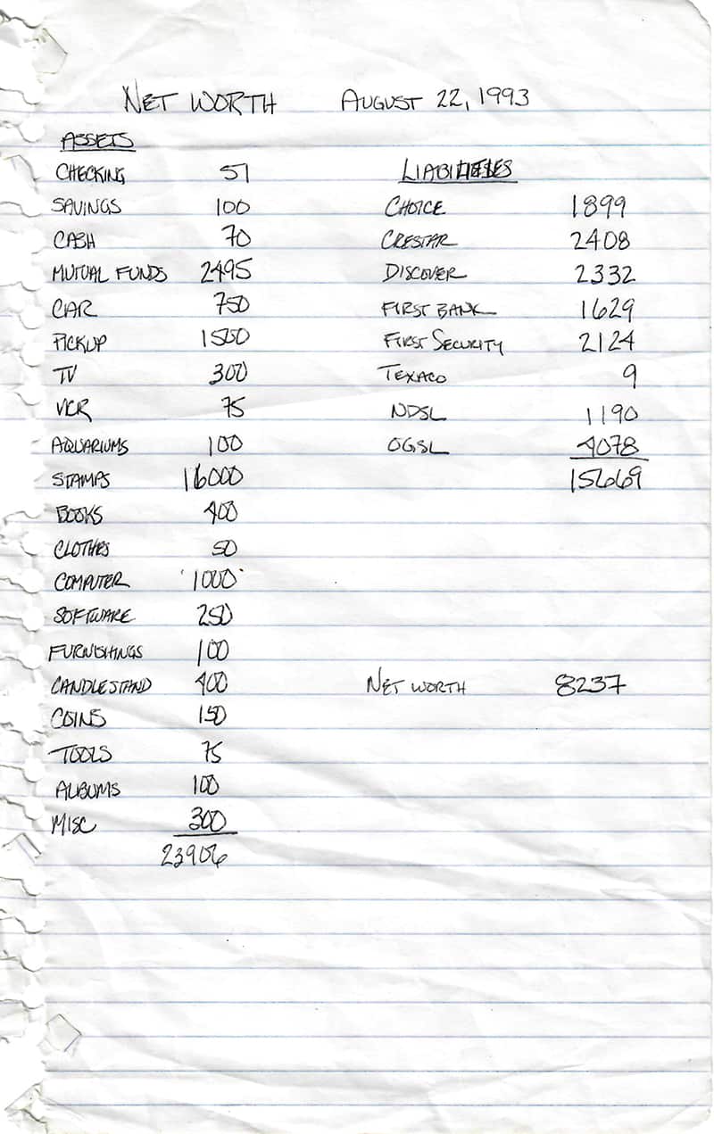 [notebok paper with Duane's handwritten net worth]
