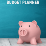 A pink piggy bank on a wooden surface with text: A free and simple budget planner template.