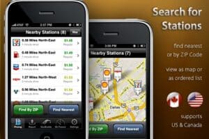 Two smartphones display the best gas apps showing station lists, map, and features to help you save on gas in any country.