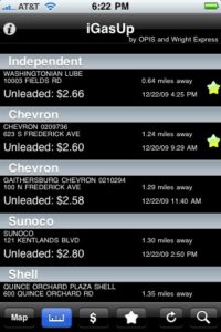 A gas price app displays stations, prices, distances, and addresses for unleaded fuel near the user’s location.